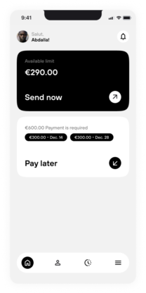 Salut app home screen showing user limit, instant send option, and upcoming payment schedule. Send money now pay later {{brizy_dc_image_alt imageSrc=