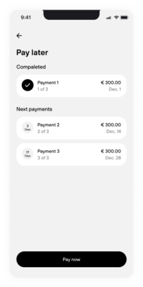 Salut send money now pay later — Pay Later schedule screen showing completed and upcoming payments. Send money now pay later {{brizy_dc_image_alt imageSrc=