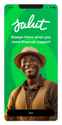 Onboarding screen of the Salut app with brand logo, financial support message, and a smiling user portrait. {{brizy_dc_image_alt imageSrc=